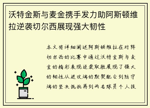 沃特金斯与麦金携手发力助阿斯顿维拉逆袭切尔西展现强大韧性